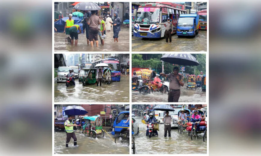 Traffic Police Struggle to Manage Traffic in Waterlogged Dhaka