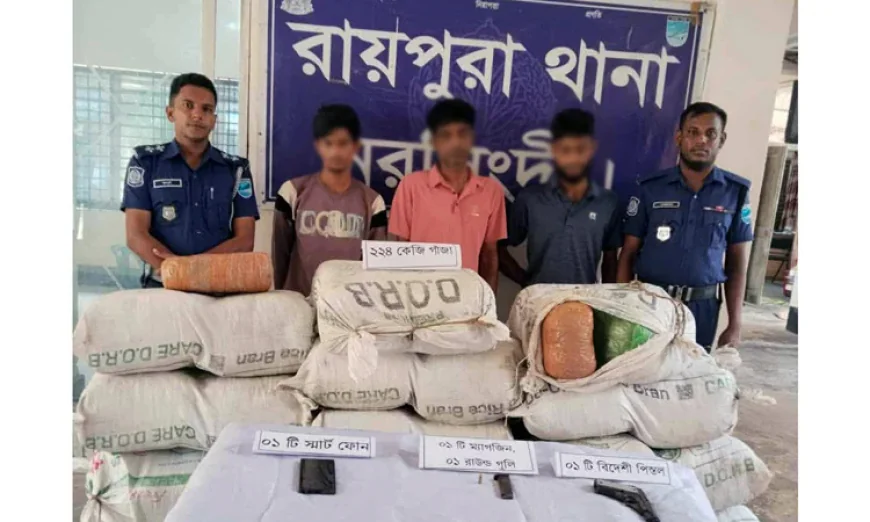 Three held with 224kg cannabis, foreign-made pistol in Narsingdi raid